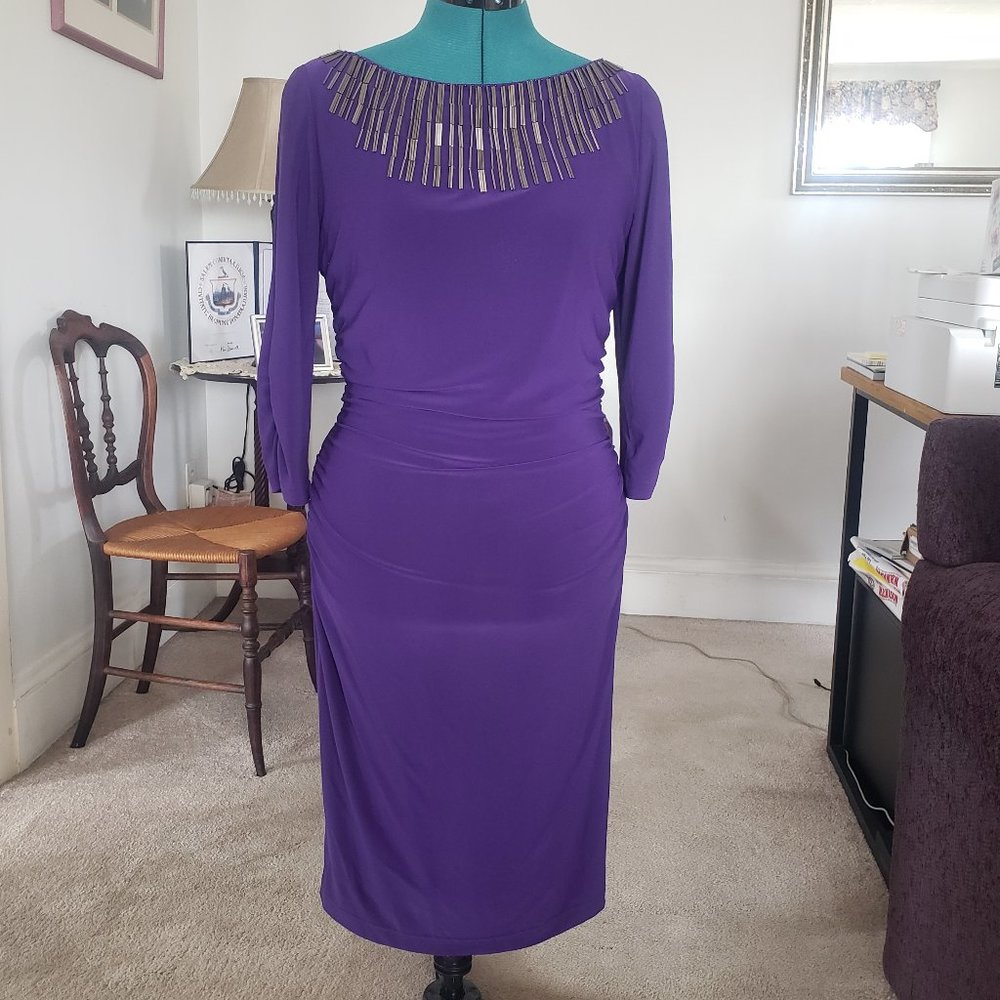 Adrianna Papell Purple Ruched Dress with Beads